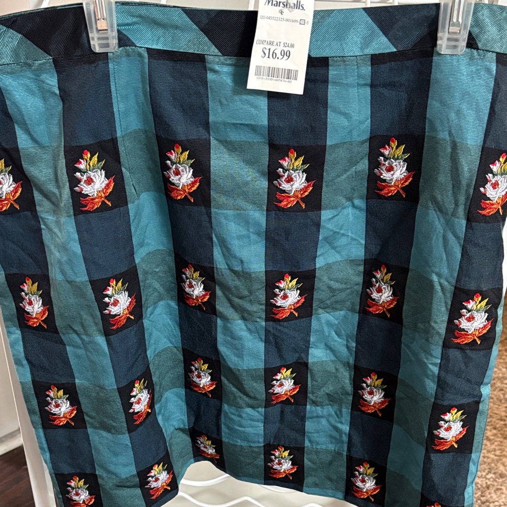Teal and Blue Checkered Skirt with Floral Embroidery